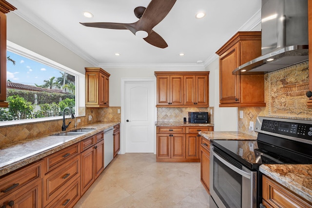 1921 W Terra Mar Dr, Lauderdale By The Sea, FL 33062 - kitchen featuring stainless steel appliances, wall chimney exhaust hood, tasteful backsplash, brown cabinets, and recessed lighting