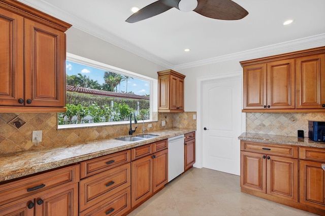 1921 W Terra Mar Dr, Lauderdale By The Sea, FL 33062 - kitchen featuring dishwasher, brown cabinetry, light stone countertops, backsplash, and a ceiling fan