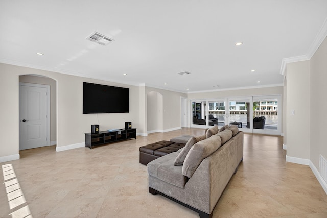 1921 W Terra Mar Dr, Lauderdale By The Sea, FL 33062 - living room with arched walkways, crown molding, recessed lighting, and light tile patterned floors