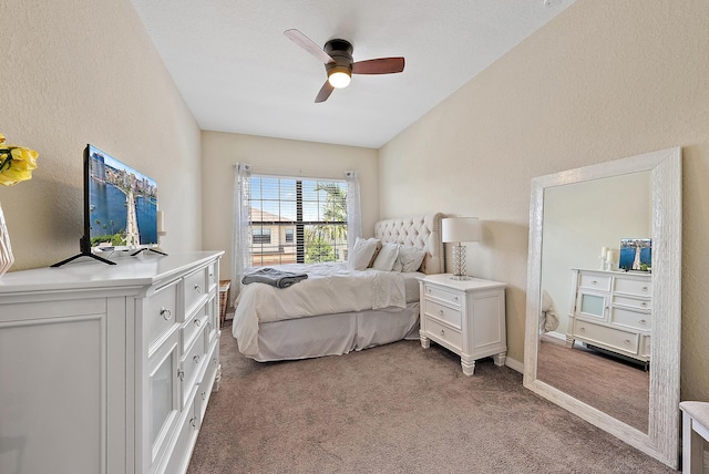 2366 Byron St, Palm Springs, FL 33406 - bedroom featuring carpet flooring, a ceiling fan, vaulted ceiling, and a textured wall