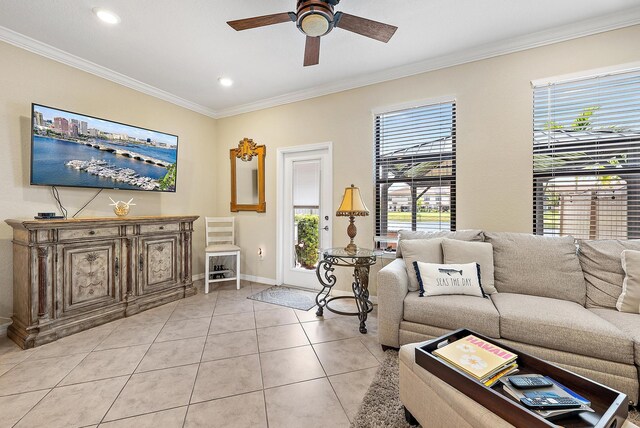 2366 Byron St, Palm Springs, FL 33406 - living area featuring crown molding, plenty of natural light, a ceiling fan, light tile patterned floors, and recessed lighting