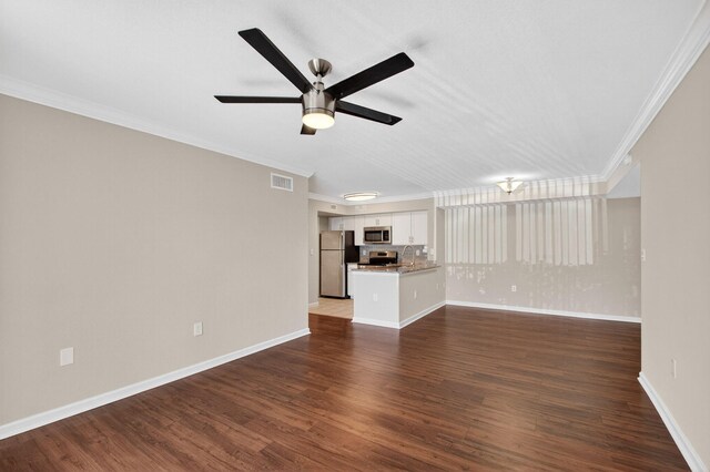 15035 Michelangelo Blvd Unit 105, Delray Beach, FL 33446 - unfurnished living room with crown molding, dark wood-style flooring, and ceiling fan