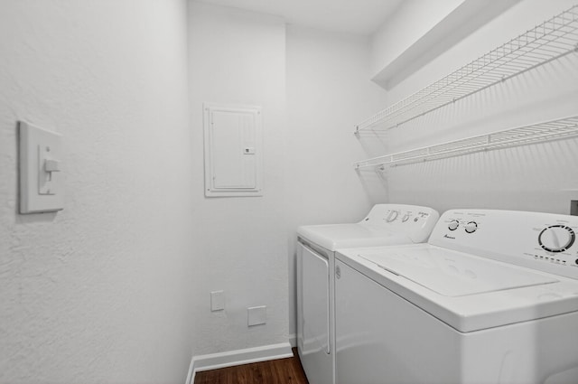 15035 Michelangelo Blvd Unit 105, Delray Beach, FL 33446 - laundry area featuring electric panel, washing machine and clothes dryer, wood finished floors, and a textured wall