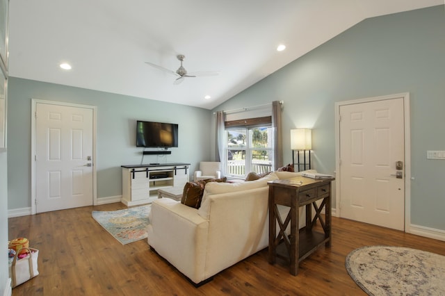 9155 SE Athena St, Hobe Sound, FL 33455 - living room with vaulted ceiling, a ceiling fan, wood finished floors, and recessed lighting