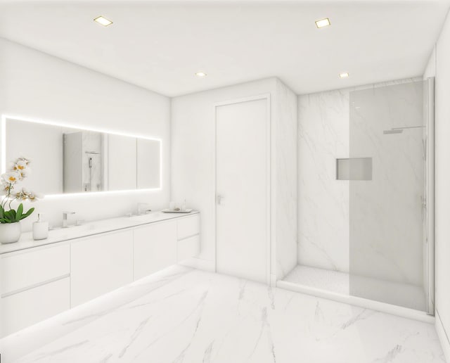 220 Lake Shore Dr Unit 1705, Lake Park, FL 33403 - full bath featuring marble look tiles, double vanity, a marble finish shower, and recessed lighting
