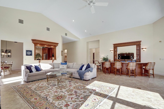 13308 Verdun Dr, Palm Beach Gardens, FL 33410 - living room featuring a ceiling fan, high vaulted ceiling, and bar