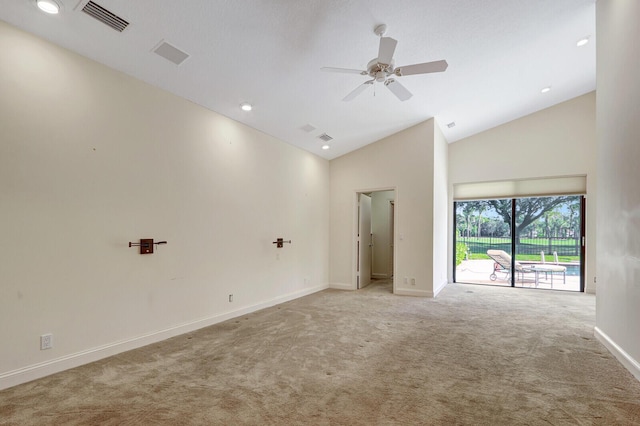 13308 Verdun Dr, Palm Beach Gardens, FL 33410 - empty room with high vaulted ceiling, carpet flooring, and ceiling fan