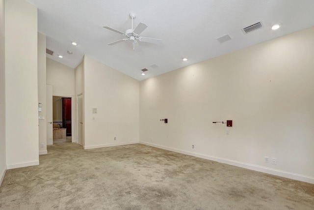 13308 Verdun Dr, Palm Beach Gardens, FL 33410 - unfurnished room with light carpet, ceiling fan, recessed lighting, and high vaulted ceiling