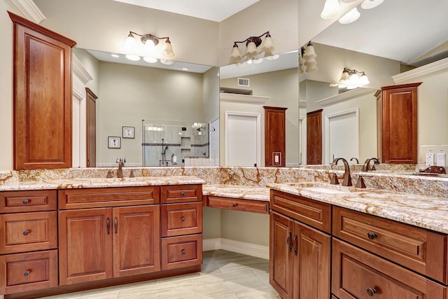 13308 Verdun Dr, Palm Beach Gardens, FL 33410 - full bath featuring vanity, a shower, and lofted ceiling
