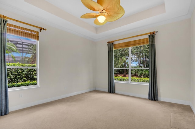 8732 Bally Bunion Rd, Port Saint Lucie, FL 34986 - spare room featuring light colored carpet, a tray ceiling, and ceiling fan