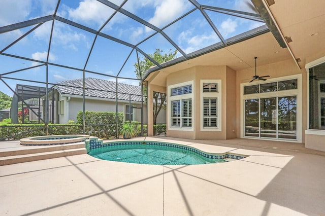 8732 Bally Bunion Rd, Port Saint Lucie, FL 34986 - view of pool with a patio, a pool with connected hot tub, ceiling fan, and glass enclosure