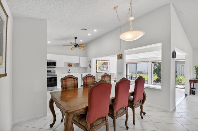 3010 NW 12th St Unit D, Delray Beach, FL 33445 - dining space with a ceiling fan, light tile patterned flooring, a textured ceiling, recessed lighting, and high vaulted ceiling