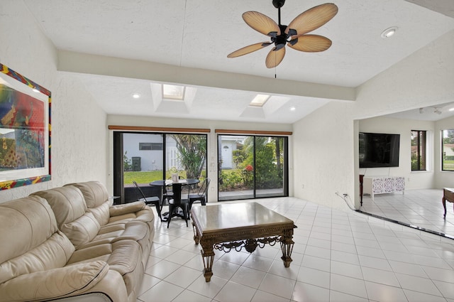 3010 NW 12th St Unit D, Delray Beach, FL 33445 - living room featuring a textured wall, tile patterned floors, a textured ceiling, recessed lighting, and ceiling fan