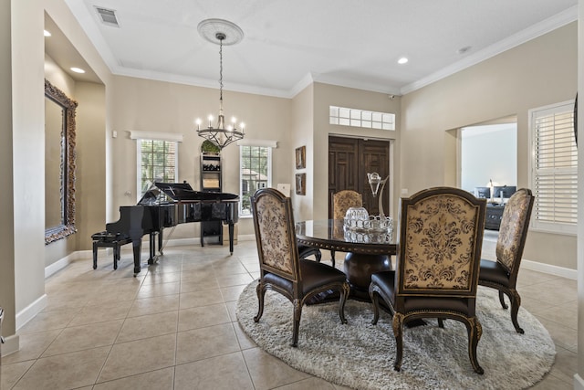 801 SW Classico Ct, Port Saint Lucie, FL 34986 - dining room with a chandelier, light tile patterned floors, ornamental molding, and recessed lighting