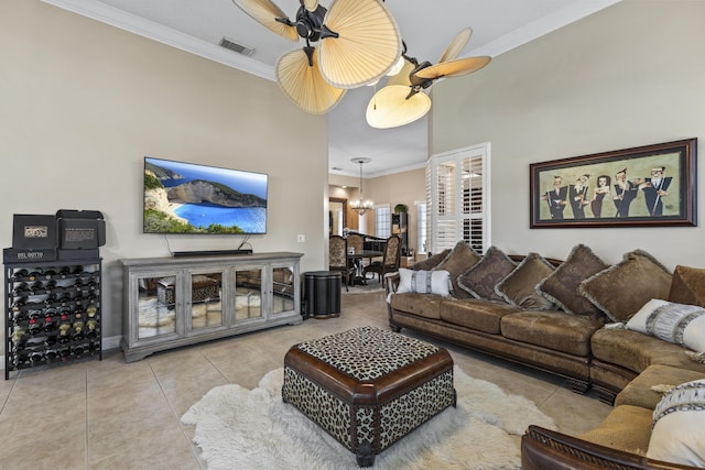 801 SW Classico Ct, Port Saint Lucie, FL 34986 - living room with crown molding, tile patterned flooring, and a chandelier