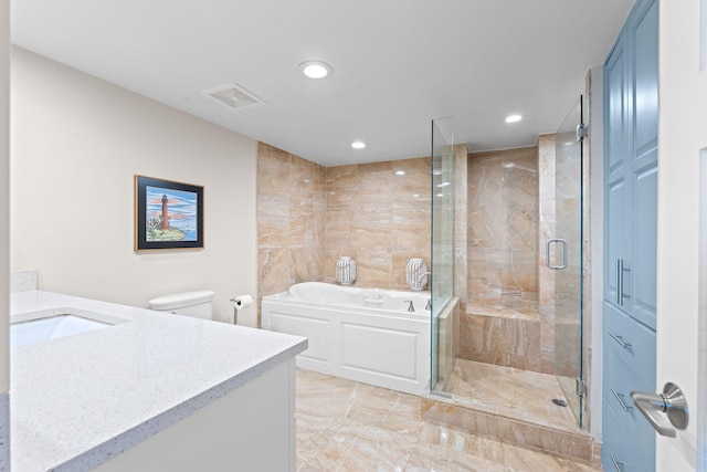 5280 N Ocean Dr Unit 3B, Singer Island, FL 33404 - full bath featuring vanity, a bath, a shower stall, marble finish floors, and recessed lighting