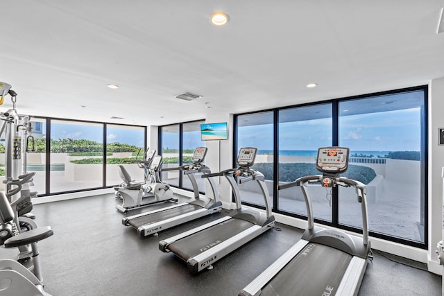 5280 N Ocean Dr Unit 3B, Singer Island, FL 33404 - workout area featuring floor to ceiling windows and recessed lighting