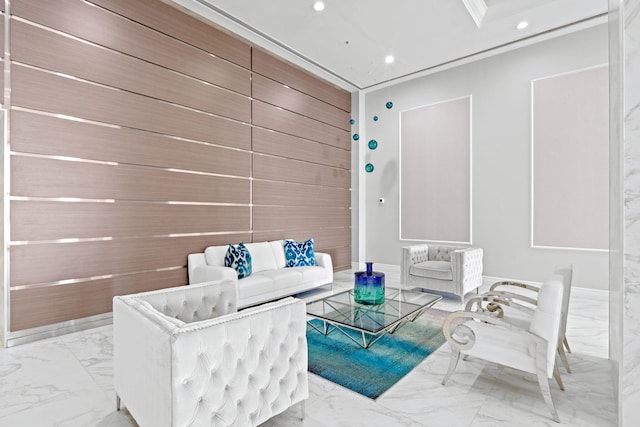 5280 N Ocean Dr Unit 3B, Singer Island, FL 33404 - living room with marble finish flooring, recessed lighting, and ornamental molding