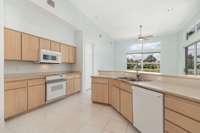 6025 Fountain Palm Dr, Jupiter, FL 33458 - kitchen featuring white appliances, light brown cabinets, light countertops, recessed lighting, and ceiling fan