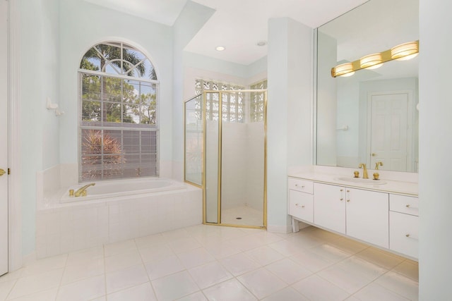 6025 Fountain Palm Dr, Jupiter, FL 33458 - bathroom with a stall shower, a bath, vanity, and tile patterned floors