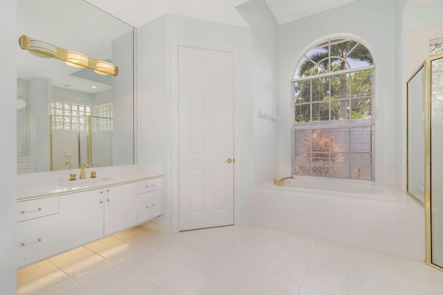 6025 Fountain Palm Dr, Jupiter, FL 33458 - bathroom with plenty of natural light, vanity, a bath, and a stall shower