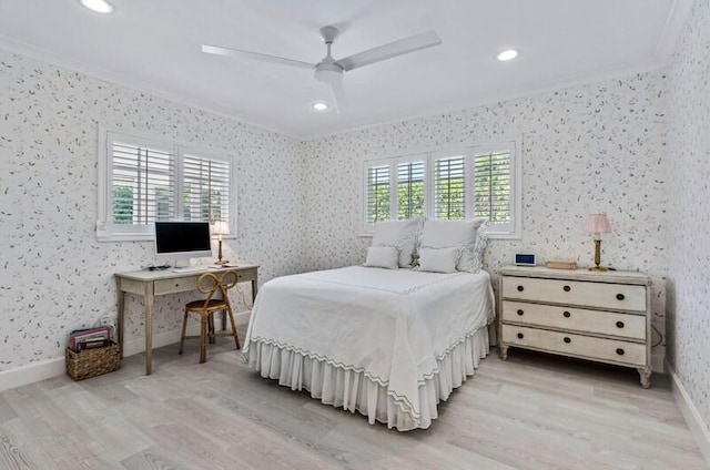 4941 S Lake Dr, Boynton Beach, FL 33436 - bedroom with crown molding, light wood-type flooring, wallpapered walls, recessed lighting, and a ceiling fan