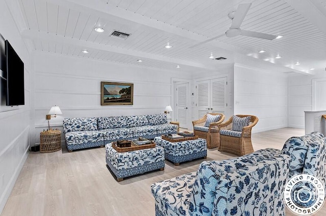 4941 S Lake Dr, Boynton Beach, FL 33436 - living room featuring a wooden ceiling with exposed beams, wood finished floors, a ceiling fan, and recessed lighting