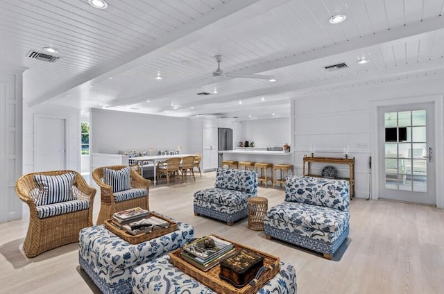 4941 S Lake Dr, Boynton Beach, FL 33436 - living area featuring light wood finished floors, recessed lighting, ceiling fan, and a wooden ceiling with exposed beams