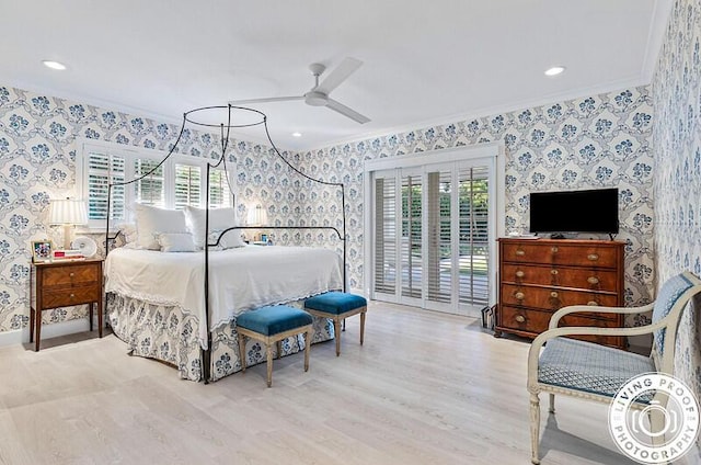 4941 S Lake Dr, Boynton Beach, FL 33436 - bedroom with wallpapered walls, crown molding, access to exterior, multiple windows, and wood finished floors