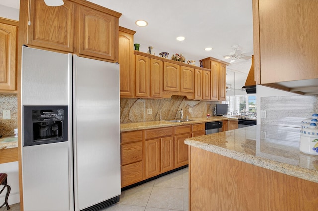 1111 Lemon Tree Ter Unit 204, Delray Beach, FL 33445 - kitchen featuring fridge with ice dispenser, ceiling fan, decorative backsplash, light stone countertops, and recessed lighting