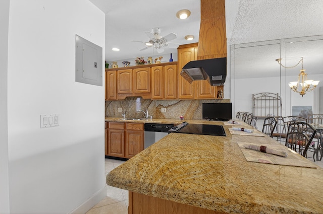 1111 Lemon Tree Ter Unit 204, Delray Beach, FL 33445 - kitchen featuring electric panel, light tile patterned floors, stainless steel dishwasher, decorative backsplash, and a ceiling fan