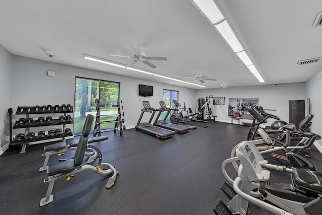14623 Bonaire Blvd Unit 203, Delray Beach, FL 33446 - gym featuring a ceiling fan and baseboards