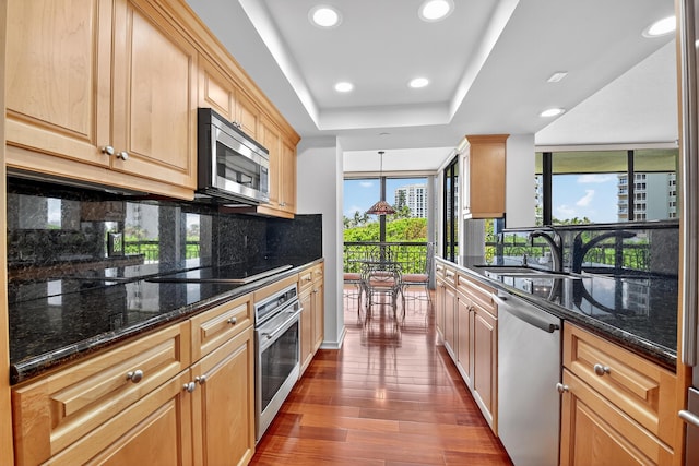 4000 N Ocean Dr Unit 204, Singer Island, FL 33404 - kitchen with appliances with stainless steel finishes, a tray ceiling, backsplash, dark wood-style flooring, and recessed lighting