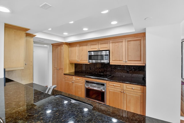 4000 N Ocean Dr Unit 204, Singer Island, FL 33404 - kitchen featuring stainless steel appliances, a tray ceiling, backsplash, dark stone countertops, and recessed lighting