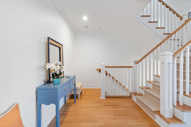 326 Tuxedo Ln, West Palm Beach, FL 33401 - stairs featuring wood finished floors, crown molding, and recessed lighting