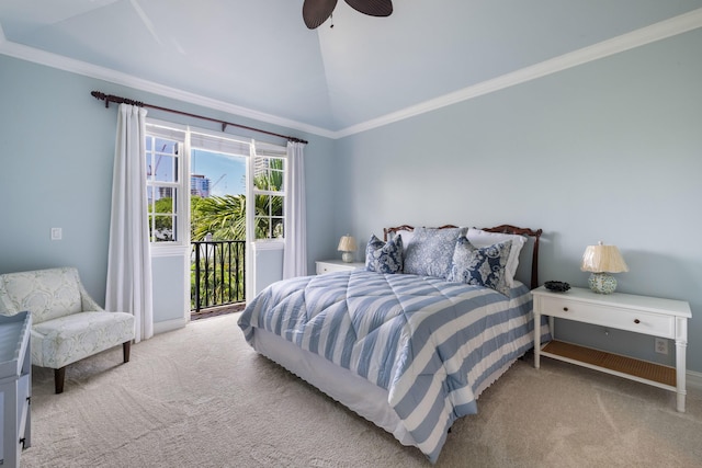 326 Tuxedo Ln, West Palm Beach, FL 33401 - bedroom featuring carpet, access to exterior, vaulted ceiling, ceiling fan, and crown molding