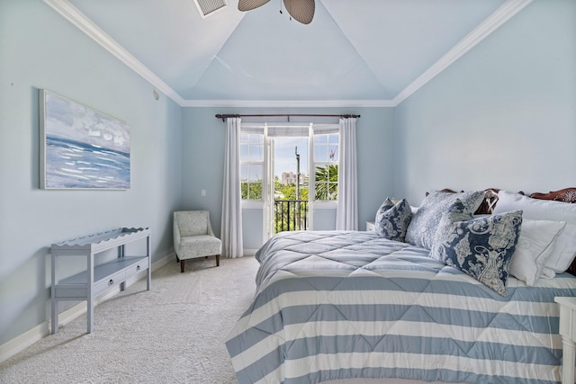 326 Tuxedo Ln, West Palm Beach, FL 33401 - carpeted bedroom with access to exterior, vaulted ceiling, crown molding, and a ceiling fan