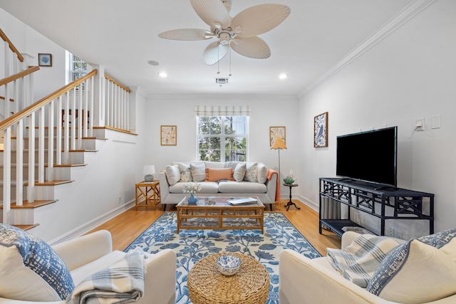 326 Tuxedo Ln, West Palm Beach, FL 33401 - living room featuring stairway, wood finished floors, ceiling fan, crown molding, and recessed lighting