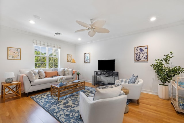 326 Tuxedo Ln, West Palm Beach, FL 33401 - living room with a ceiling fan, crown molding, light wood finished floors, and recessed lighting