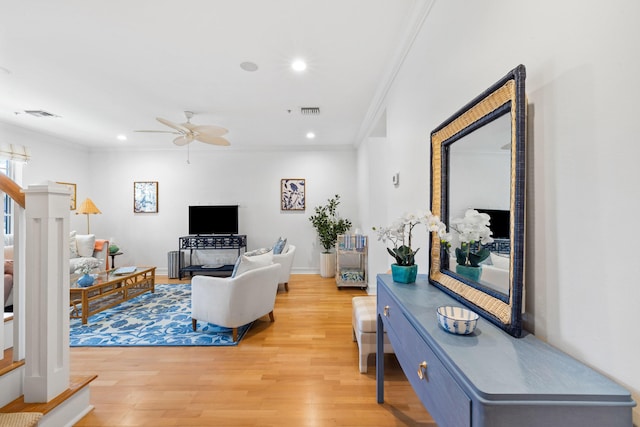 326 Tuxedo Ln, West Palm Beach, FL 33401 - living room with ornamental molding, light wood finished floors, a ceiling fan, and recessed lighting