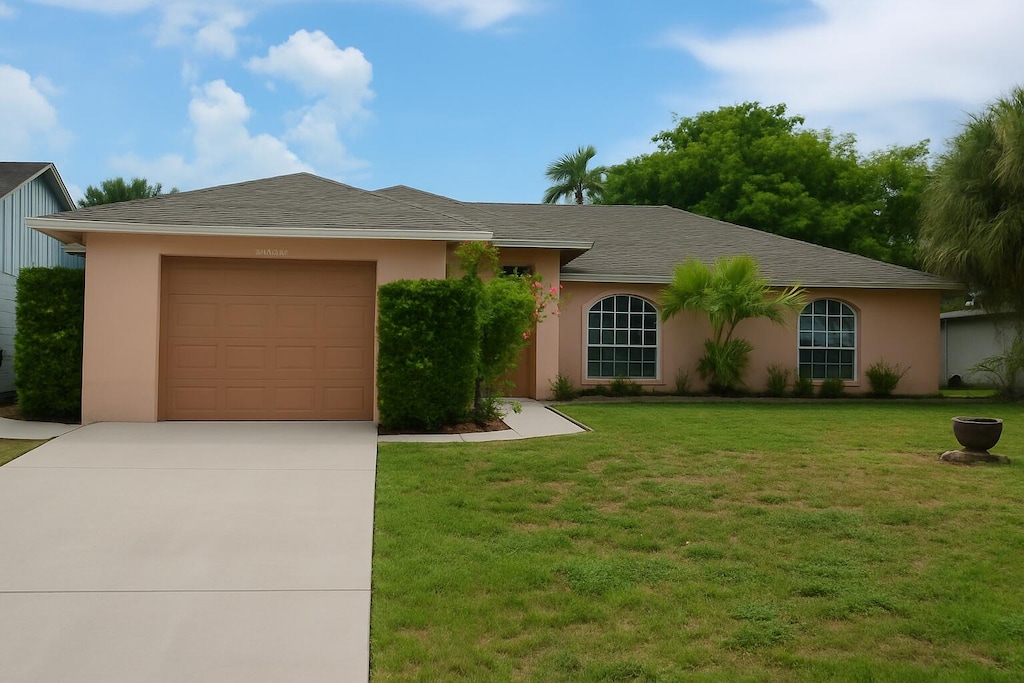 6264 Mullin St, Jupiter, FL 33458 - single story home featuring a garage, concrete driveway, a front lawn, and stucco siding
