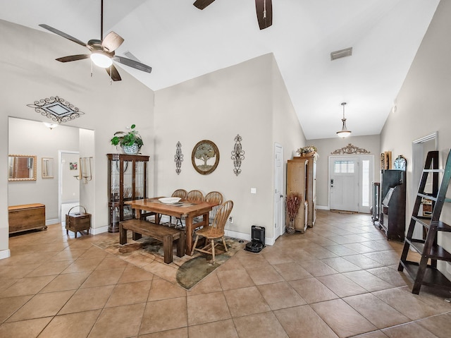 5301 Bald Cypress Trl, Fort Pierce, FL 34951 - dining space featuring high vaulted ceiling, a ceiling fan, and light tile patterned flooring
