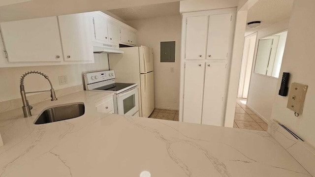 206 Foxtail Dr Unit D1, Greenacres, FL 33415 - kitchen featuring white electric range oven, under cabinet range hood, electric panel, white cabinets, and light stone counters