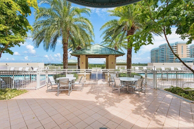 350 N Federal Hwy Unit 609, Boynton Beach, FL 33435 - view of patio / terrace with outdoor dining space, a community pool, and a gazebo
