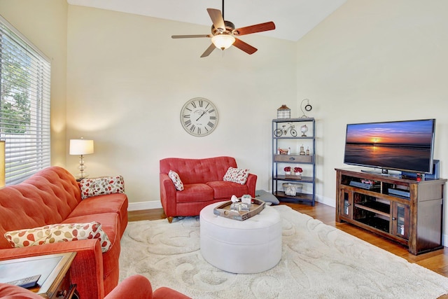 16174 SW 9th St, Pembroke Pines, FL 33027 - living room with high vaulted ceiling, wood finished floors, and ceiling fan