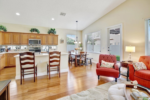 16174 SW 9th St, Pembroke Pines, FL 33027 - living room featuring light wood finished floors, vaulted ceiling, a textured ceiling, and recessed lighting