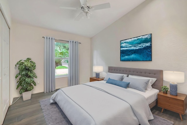 7937 Sonora St, Boynton Beach, FL 33437 - bedroom featuring wood finished floors, lofted ceiling, and a ceiling fan
