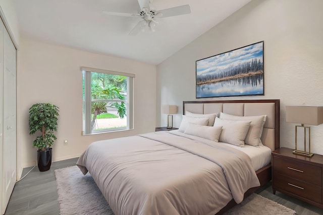 7937 Sonora St, Boynton Beach, FL 33437 - bedroom with wood finished floors, vaulted ceiling, and ceiling fan