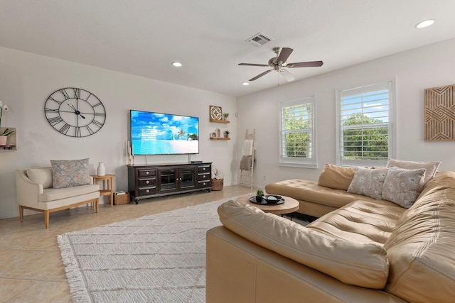709 SW Sun Cir, Palm City, FL 34990 - living area with ceiling fan, recessed lighting, and light tile patterned flooring