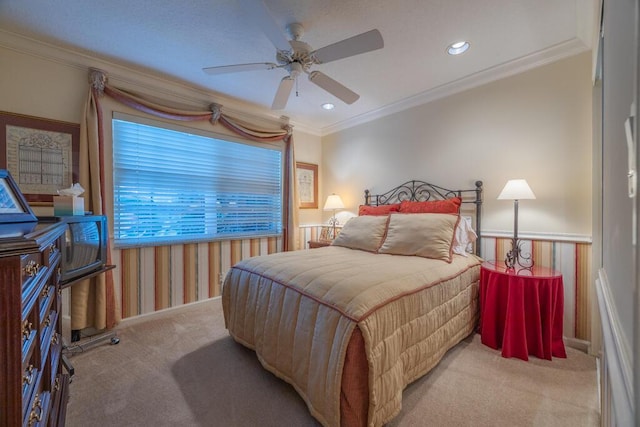 10856 Royal Caribbean Cir, Boynton Beach, FL 33437 - bedroom with carpet, crown molding, recessed lighting, and a ceiling fan